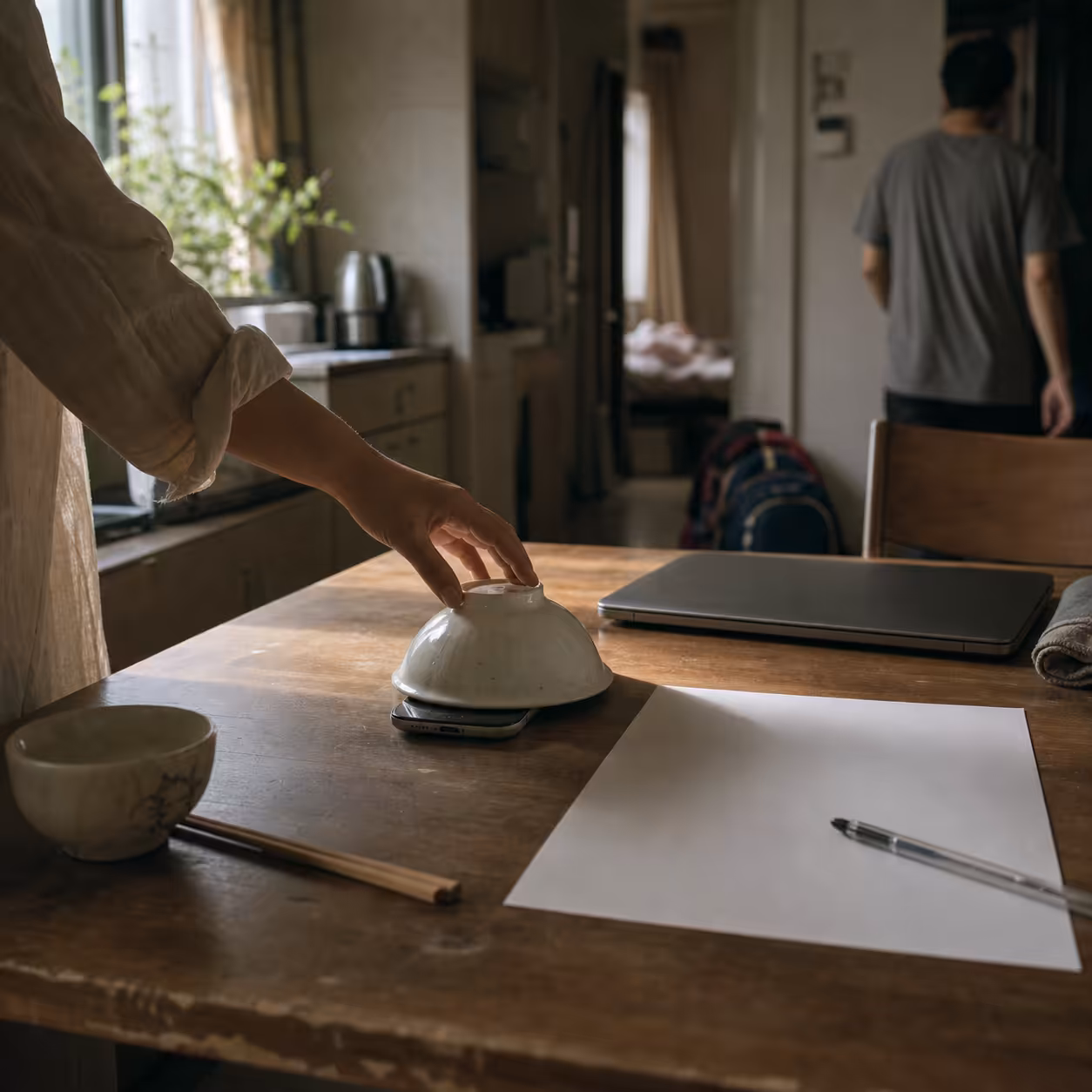 A professional in focused deep work, surrounded by minimal digital interfaces designed for Calm Technology